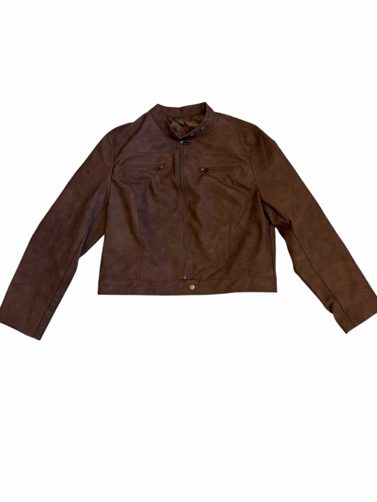 ONEDREAMER Women's Faux Leather Cropped Jacket Motorcycle Short Coat BROWN L - Picture 3 of 12